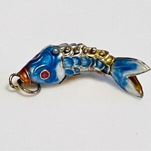 Vintage Articulated Fish Pendant Enamel Charm Blue Koi Gold Tone Nautical Ocean